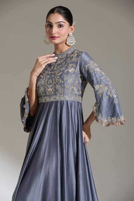 Shop_Jayanti Reddy_Grey Embroidery Round Neck Dori Anarkali _Online_at_Aza_Fashions