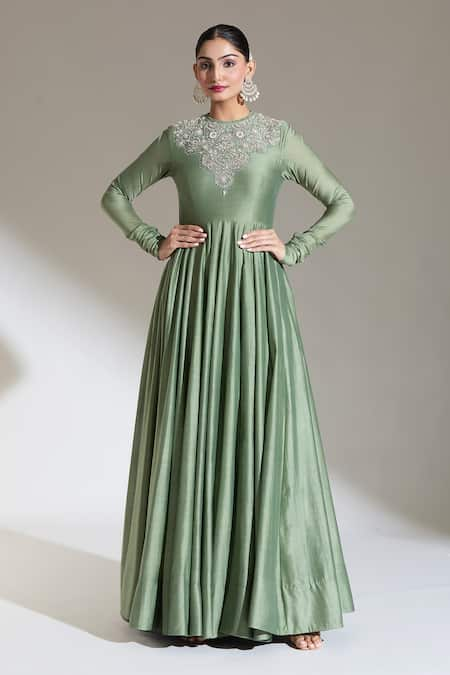 JAYANTI REDDY Green Embroidered Floral Zero Round Yoke Anarkali 