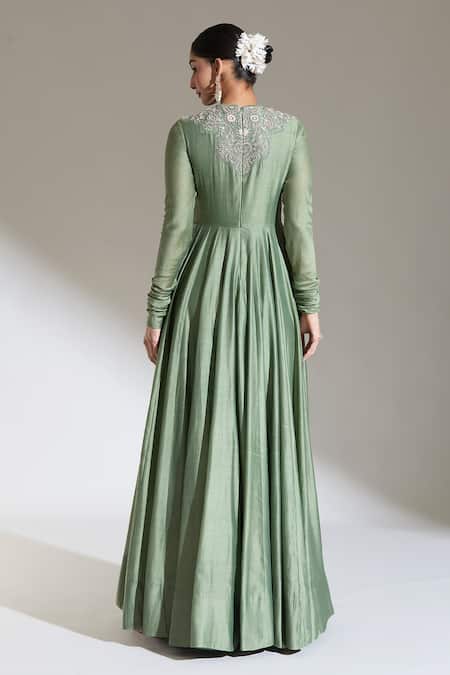 Shop Jayanti Reddy Green Embroidery Round Neck Floral Yoke Anarkali at Aza Fashions Shop_Jayanti Reddy_Green Embroidery Round Neck Floral Yoke Anarkali _at_Aza_Fashions