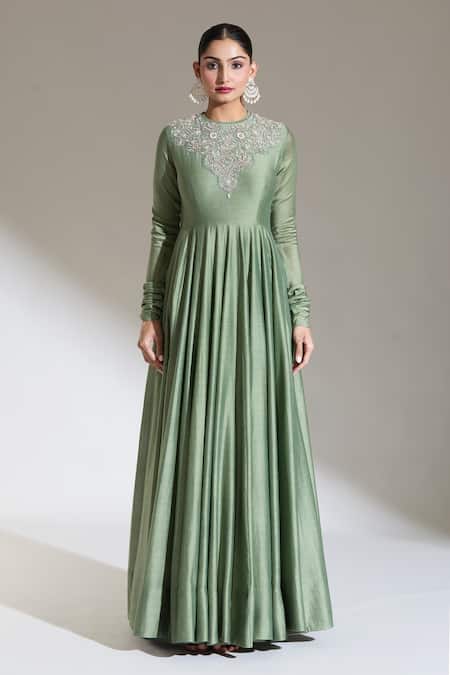 Jayanti Reddy Green Embroidery Round Neck Floral Yoke Anarkali Online at Aza Fashions Jayanti Reddy_Green Embroidery Round Neck Floral Yoke Anarkali _Online_at_Aza_Fashions