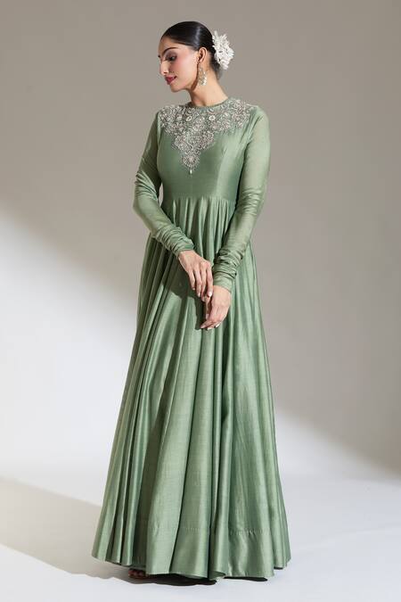 Buy Jayanti Reddy Green Embroidery Round Neck Floral Yoke Anarkali Online at Aza Fashions Buy_Jayanti Reddy_Green Embroidery Round Neck Floral Yoke Anarkali _Online_at_Aza_Fashions
