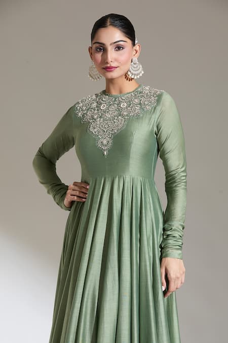 Shop Jayanti Reddy Green Embroidery Round Neck Floral Yoke Anarkali Online at Aza Fashions Shop_Jayanti Reddy_Green Embroidery Round Neck Floral Yoke Anarkali _Online_at_Aza_Fashions