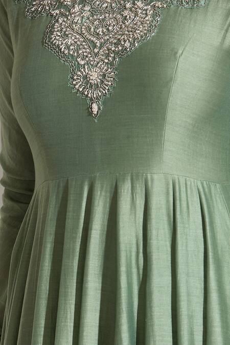 Jayanti Reddy Green Embroidery Round Neck Floral Yoke Anarkali at Aza Fashions Jayanti Reddy_Green Embroidery Round Neck Floral Yoke Anarkali _at_Aza_Fashions