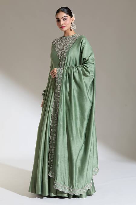 Shop_Jayanti Reddy_Green Embroidery Double Scalloped Border Dupatta_at_Aza_Fashions