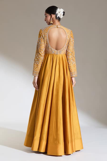 Shop Jayanti Reddy Yellow Sequins, Zari Round Neck Iris Embroidered Bodice Anarkali at Aza Fashions Shop_Jayanti Reddy_Yellow Sequins, Zari Round Neck Iris Embroidered Bodice Anarkali _at_Aza_Fashions