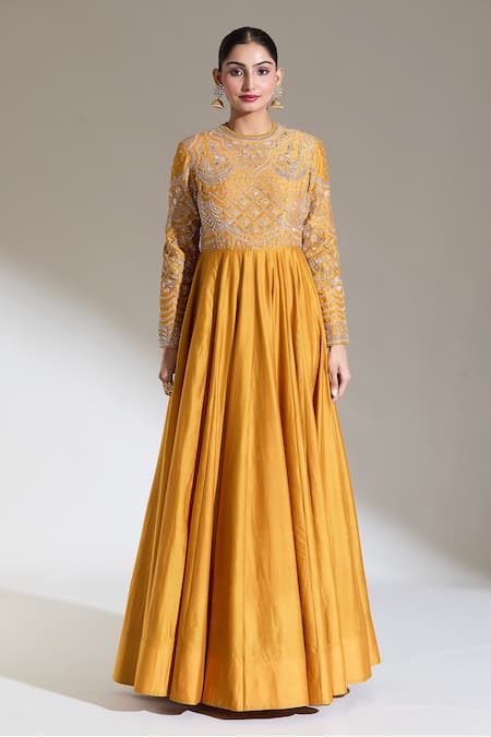 Jayanti Reddy Yellow Sequins, Zari Round Neck Iris Embroidered Bodice Anarkali Online at Aza Fashions Jayanti Reddy_Yellow Sequins, Zari Round Neck Iris Embroidered Bodice Anarkali _Online_at_Aza_Fashions