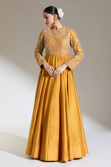 Buy Jayanti Reddy Yellow Sequins, Zari Round Neck Iris Embroidered Bodice Anarkali Online at Aza Fashions Buy_Jayanti Reddy_Yellow Sequins, Zari Round Neck Iris Embroidered Bodice Anarkali _Online_at_Aza_Fashions