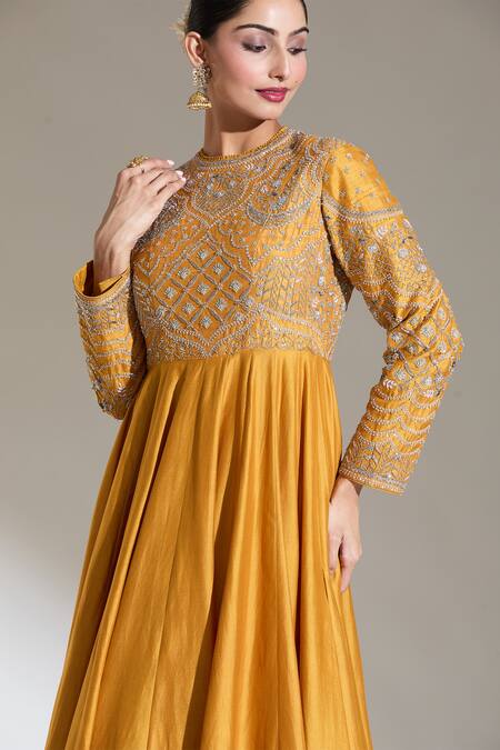 Shop Jayanti Reddy Yellow Sequins, Zari Round Neck Iris Embroidered Bodice Anarkali Online at Aza Fashions Shop_Jayanti Reddy_Yellow Sequins, Zari Round Neck Iris Embroidered Bodice Anarkali _Online_at_Aza_Fashions