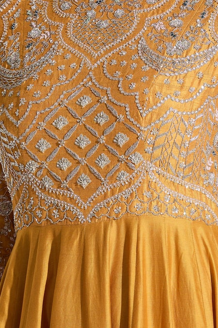 Jayanti Reddy Yellow Sequins, Zari Round Neck Iris Embroidered Bodice Anarkali at Aza Fashions Jayanti Reddy_Yellow Sequins, Zari Round Neck Iris Embroidered Bodice Anarkali _at_Aza_Fashions