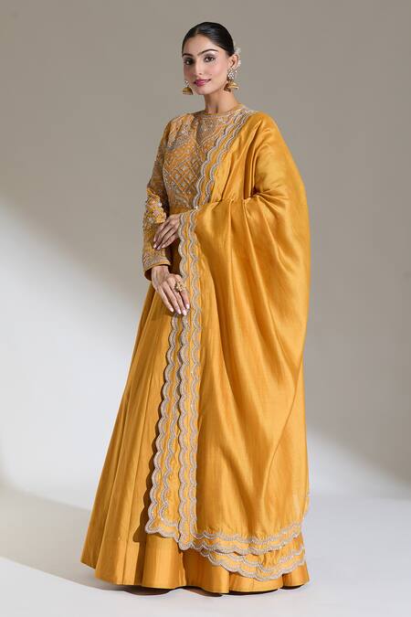 Jayanti Reddy Yellow Chanderi Cut Work Double Scalloped Border Dupatta Online at Aza Fashions Jayanti Reddy_Yellow Chanderi Cut Work Double Scalloped Border Dupatta _Online_at_Aza_Fashions