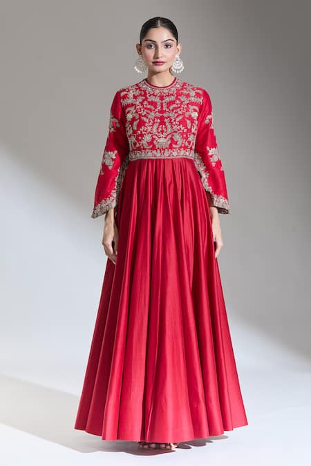 Shop Jayanti Reddy Red Silk Embroidery Round Neck Dori Floral Anarkali at Aza Fashions Shop_Jayanti Reddy_Red Silk Embroidery Round Neck Dori Floral Anarkali _at_Aza_Fashions