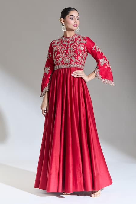 Jayanti Reddy Red Silk Embroidery Round Neck Dori Floral Anarkali Online at Aza Fashions Jayanti Reddy_Red Silk Embroidery Round Neck Dori Floral Anarkali _Online_at_Aza_Fashions
