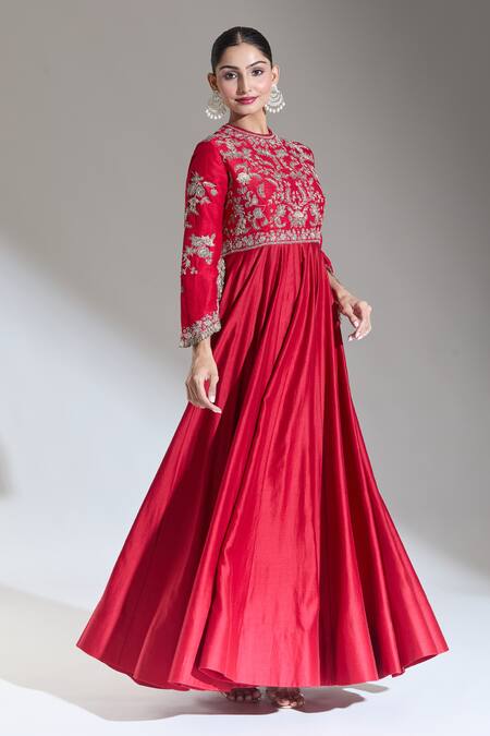 Buy Jayanti Reddy Red Silk Embroidery Round Neck Dori Floral Anarkali Online at Aza Fashions Buy_Jayanti Reddy_Red Silk Embroidery Round Neck Dori Floral Anarkali _Online_at_Aza_Fashions