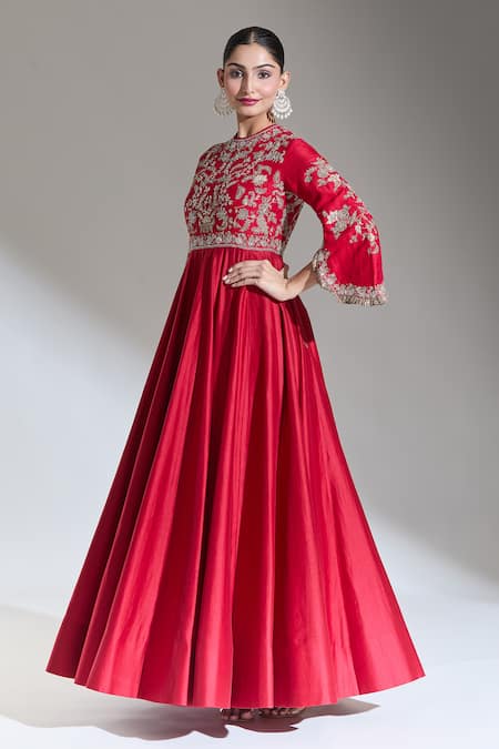 Shop Jayanti Reddy Red Silk Embroidery Round Neck Dori Floral Anarkali Online at Aza Fashions Shop_Jayanti Reddy_Red Silk Embroidery Round Neck Dori Floral Anarkali _Online_at_Aza_Fashions