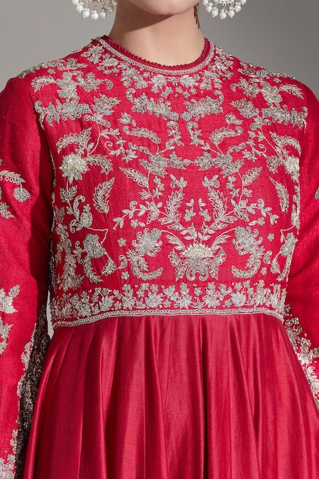 Jayanti Reddy Red Silk Embroidery Round Neck Dori Floral Anarkali at Aza Fashions Jayanti Reddy_Red Silk Embroidery Round Neck Dori Floral Anarkali _at_Aza_Fashions