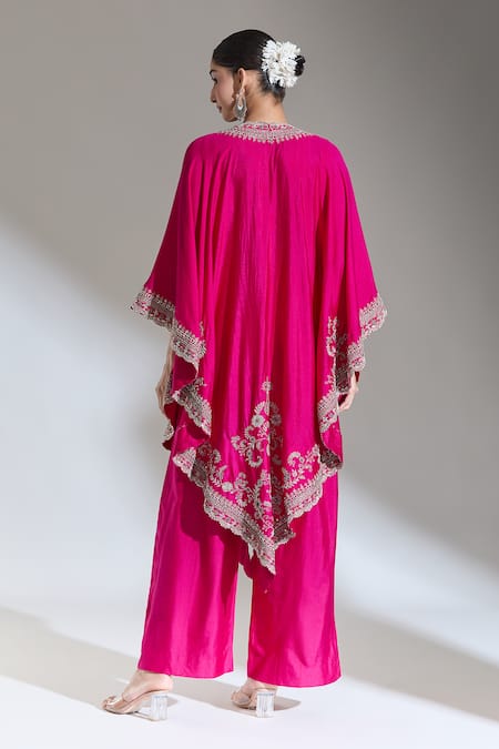 Shop_Jayanti Reddy_Pink Embroidered Floral Vine Bird Cape _at_Aza_Fashions