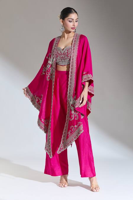 Jayanti Reddy_Pink Embroidered Floral Vine Bird Cape _Online_at_Aza_Fashions