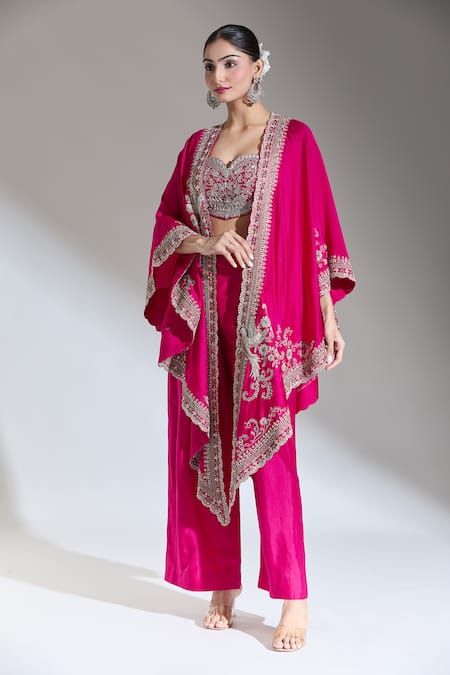 Buy_Jayanti Reddy_Pink Embroidered Floral Vine Bird Cape _Online_at_Aza_Fashions