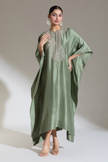 Jayanti Reddy Green Embroidery Round Neck Bird Yoke Kaftan 