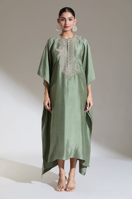 Jayanti Reddy Green Embroidery Round Neck Bird Yoke Kaftan Online at Aza Fashions Jayanti Reddy_Green Embroidery Round Neck Bird Yoke Kaftan _Online_at_Aza_Fashions