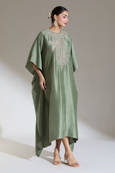 Buy Jayanti Reddy Green Embroidery Round Neck Bird Yoke Kaftan Online at Aza Fashions Buy_Jayanti Reddy_Green Embroidery Round Neck Bird Yoke Kaftan _Online_at_Aza_Fashions