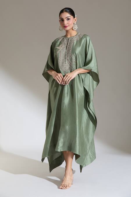 Shop Jayanti Reddy Green Embroidery Round Neck Bird Yoke Kaftan Online at Aza Fashions Shop_Jayanti Reddy_Green Embroidery Round Neck Bird Yoke Kaftan _Online_at_Aza_Fashions