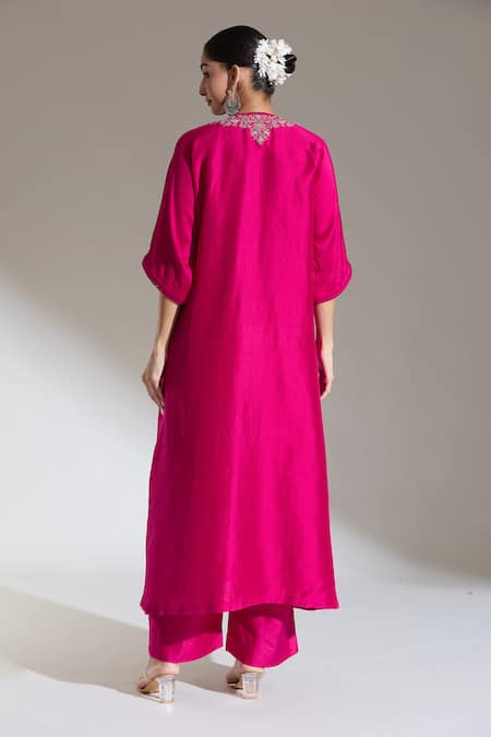 Shop Jayanti Reddy Pink Embroidery Round Neck Paisley Yoke Kaftan Kurta at Aza Fashions Shop_Jayanti Reddy_Pink Embroidery Round Neck Paisley Yoke Kaftan Kurta _at_Aza_Fashions