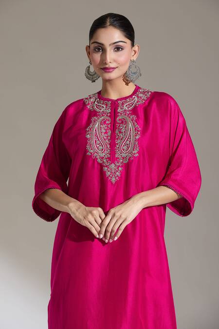 Jayanti Reddy Pink Embroidery Round Neck Paisley Yoke Kaftan Kurta at Aza Fashions Jayanti Reddy_Pink Embroidery Round Neck Paisley Yoke Kaftan Kurta _at_Aza_Fashions