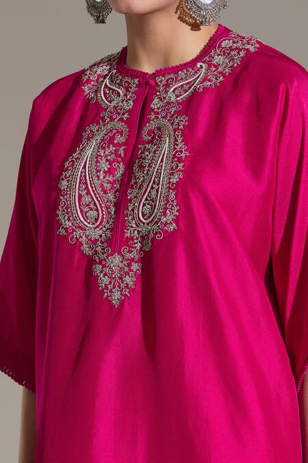 Buy Jayanti Reddy Pink Embroidery Round Neck Paisley Yoke Kaftan Kurta Buy_Jayanti Reddy_Pink Embroidery Round Neck Paisley Yoke Kaftan Kurta