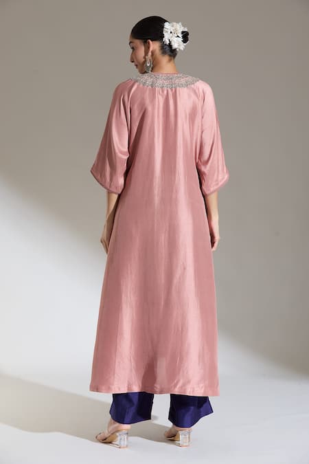 Shop Jayanti Reddy Peach Zari V-neck Rose Embroidered Kaftan Kurta at Aza Fashions Shop_Jayanti Reddy_Peach Zari V-neck Rose Embroidered Kaftan Kurta _at_Aza_Fashions