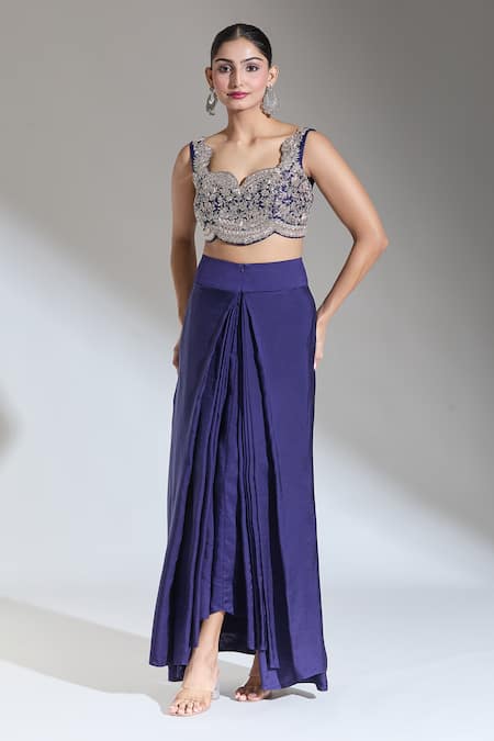 Shop_Jayanti Reddy_Purple Zipper Solid Pleated Draped Skirt _at_Aza_Fashions