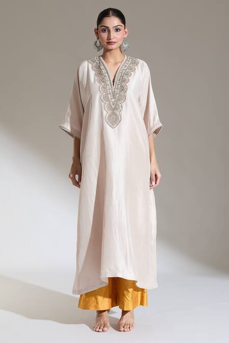Jayanti Reddy Beige Zari, Sequins V-neck Noor Embroidered Neckline Kaftan Kurta Online at Aza Fashions Jayanti Reddy_Beige Zari, Sequins V-neck Noor Embroidered Neckline Kaftan Kurta _Online_at_Aza_Fashions