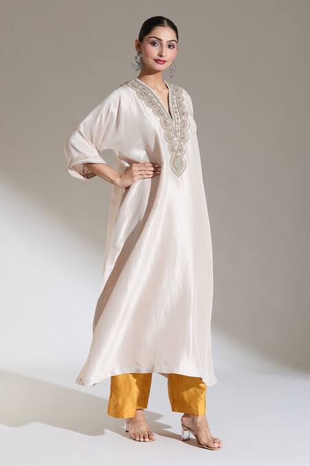 Buy Jayanti Reddy Beige Zari, Sequins V-neck Noor Embroidered Neckline Kaftan Kurta Online at Aza Fashions Buy_Jayanti Reddy_Beige Zari, Sequins V-neck Noor Embroidered Neckline Kaftan Kurta _Online_at_Aza_Fashions