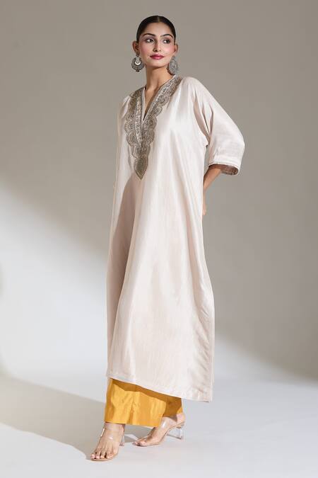 Shop Jayanti Reddy Beige Zari, Sequins V-neck Noor Embroidered Neckline Kaftan Kurta Online at Aza Fashions Shop_Jayanti Reddy_Beige Zari, Sequins V-neck Noor Embroidered Neckline Kaftan Kurta _Online_at_Aza_Fashions