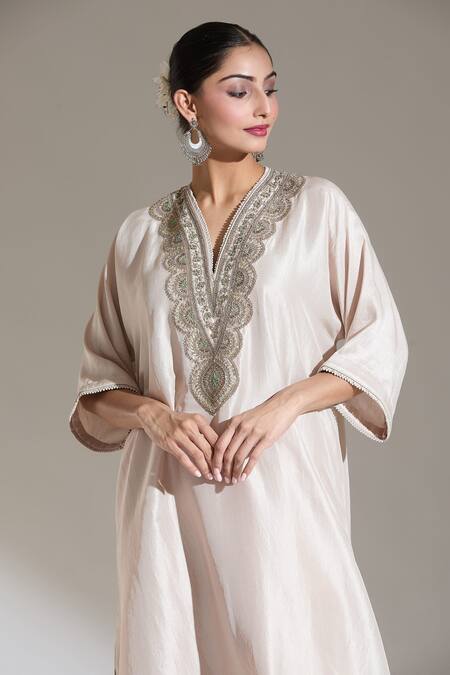Jayanti Reddy Beige Zari, Sequins V-neck Noor Embroidered Neckline Kaftan Kurta at Aza Fashions Jayanti Reddy_Beige Zari, Sequins V-neck Noor Embroidered Neckline Kaftan Kurta _at_Aza_Fashions