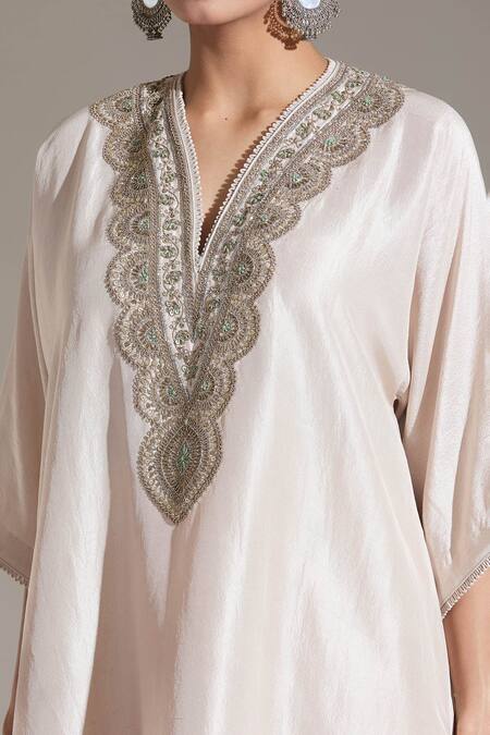 Buy Jayanti Reddy Beige Zari, Sequins V-neck Noor Embroidered Neckline Kaftan Kurta Buy_Jayanti Reddy_Beige Zari, Sequins V-neck Noor Embroidered Neckline Kaftan Kurta