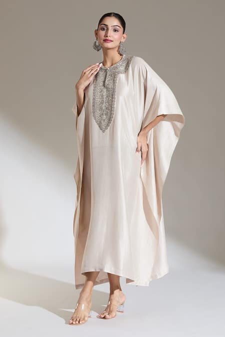 Buy Jayanti Reddy Beige Embroidery Round Neck Rose Kaman Kaftan Online at Aza Fashions Buy_Jayanti Reddy_Beige Embroidery Round Neck Rose Kaman Kaftan _Online_at_Aza_Fashions