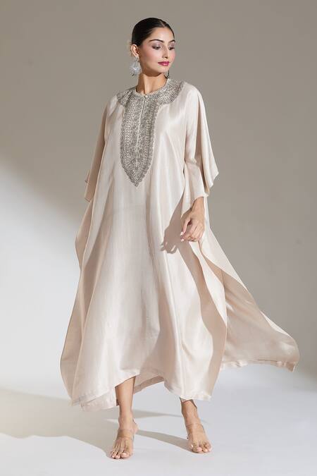 Shop Jayanti Reddy Beige Embroidery Round Neck Rose Kaman Kaftan Online at Aza Fashions Shop_Jayanti Reddy_Beige Embroidery Round Neck Rose Kaman Kaftan _Online_at_Aza_Fashions