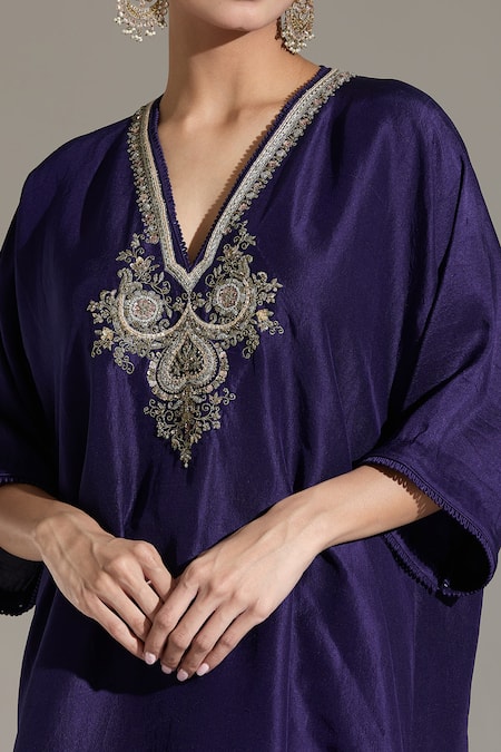 Jayanti Reddy Purple Sequins V-neck Zardozi Embroidered Yoke Kaftan at Aza Fashions Jayanti Reddy_Purple Sequins V-neck Zardozi Embroidered Yoke Kaftan _at_Aza_Fashions