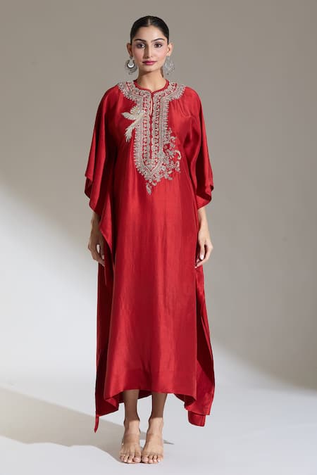 Jayanti Reddy Orange Embroidery Round Neck Bird Bodice Kaftan Online at Aza Fashions Jayanti Reddy_Orange Embroidery Round Neck Bird Bodice Kaftan_Online_at_Aza_Fashions