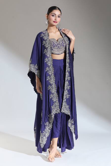 Jayanti Reddy_Purple Embroidered Floral Sweetheart Zardozi Bandeau _at_Aza_Fashions