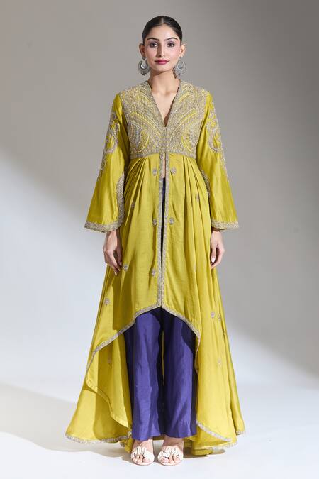 Jayanti Reddy Yellow Chanderi Zari, Embroidery V-neck Kashi Front Slit Draped Anarkali Online at Aza Fashions Jayanti Reddy_Yellow Chanderi Zari, Embroidery V-neck Kashi Front Slit Draped Anarkali _Online_at_Aza_Fashions