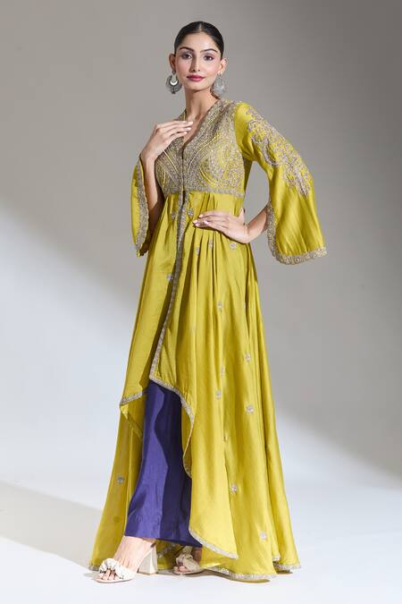 Shop Jayanti Reddy Yellow Chanderi Zari, Embroidery V-neck Kashi Front Slit Draped Anarkali Online at Aza Fashions Shop_Jayanti Reddy_Yellow Chanderi Zari, Embroidery V-neck Kashi Front Slit Draped Anarkali _Online_at_Aza_Fashions