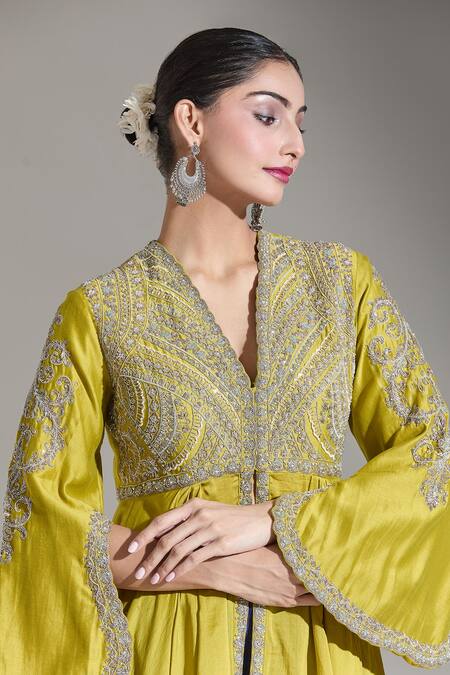 Jayanti Reddy Yellow Chanderi Zari, Embroidery V-neck Kashi Front Slit Draped Anarkali at Aza Fashions Jayanti Reddy_Yellow Chanderi Zari, Embroidery V-neck Kashi Front Slit Draped Anarkali _at_Aza_Fashions