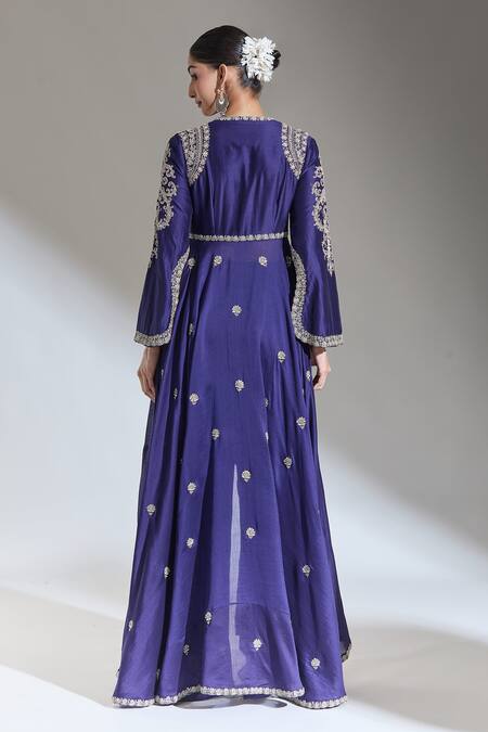 Shop Jayanti Reddy Purple Chanderi Zari, Embroidery V-neck Kashi Front Slit Anarkali at Aza Fashions Shop_Jayanti Reddy_Purple Chanderi Zari, Embroidery V-neck Kashi Front Slit Anarkali _at_Aza_Fashions