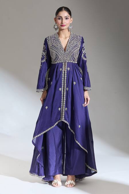 Jayanti Reddy Purple Chanderi Zari, Embroidery V-neck Kashi Front Slit Anarkali Online at Aza Fashions Jayanti Reddy_Purple Chanderi Zari, Embroidery V-neck Kashi Front Slit Anarkali _Online_at_Aza_Fashions