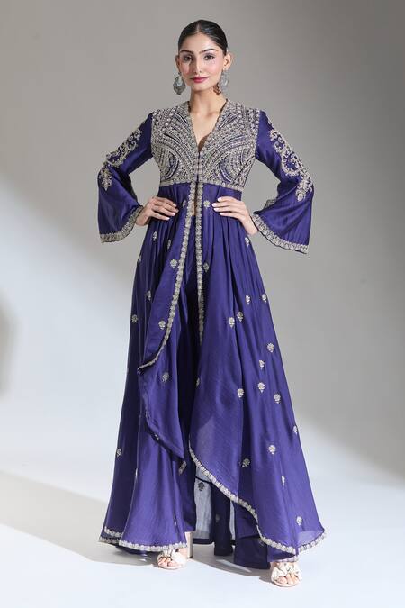 Buy Jayanti Reddy Purple Chanderi Zari, Embroidery V-neck Kashi Front Slit Anarkali Online at Aza Fashions Buy_Jayanti Reddy_Purple Chanderi Zari, Embroidery V-neck Kashi Front Slit Anarkali _Online_at_Aza_Fashions