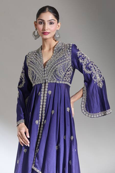 Shop Jayanti Reddy Purple Chanderi Zari, Embroidery V-neck Kashi Front Slit Anarkali Online at Aza Fashions Shop_Jayanti Reddy_Purple Chanderi Zari, Embroidery V-neck Kashi Front Slit Anarkali _Online_at_Aza_Fashions