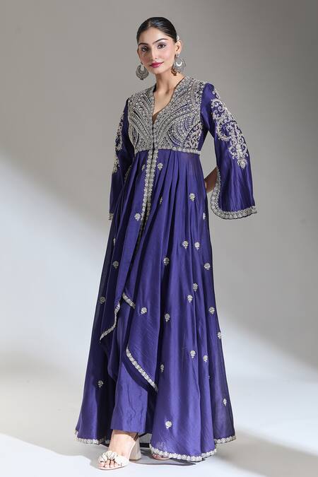 Buy Jayanti Reddy Purple Chanderi Zari, Embroidery V-neck Kashi Front Slit Anarkali Buy_Jayanti Reddy_Purple Chanderi Zari, Embroidery V-neck Kashi Front Slit Anarkali