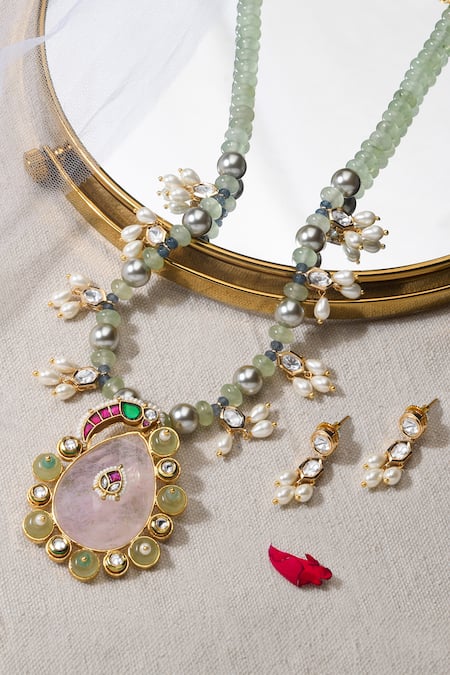 Shop Joules By Radhika Multi Color Pearls, Stones Tear Drop And Kundan Embellished Jewellery Set at Aza Fashions Shop_Joules By Radhika_Multi Color Pearls, Stones Tear Drop And Kundan Embellished Jewellery Set _at_Aza_Fashions